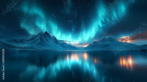northern lights in night starry sky against background of mountains and lakes