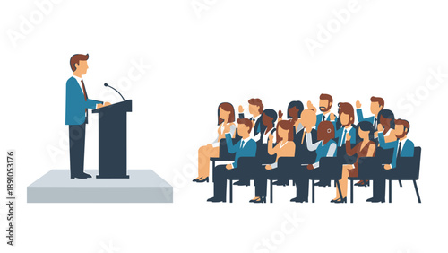 Businessman giving presentation to audience in corporate office setting with diverse group of people