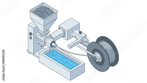 Industrial machine extrudes plastic filament from spool with blue molten material