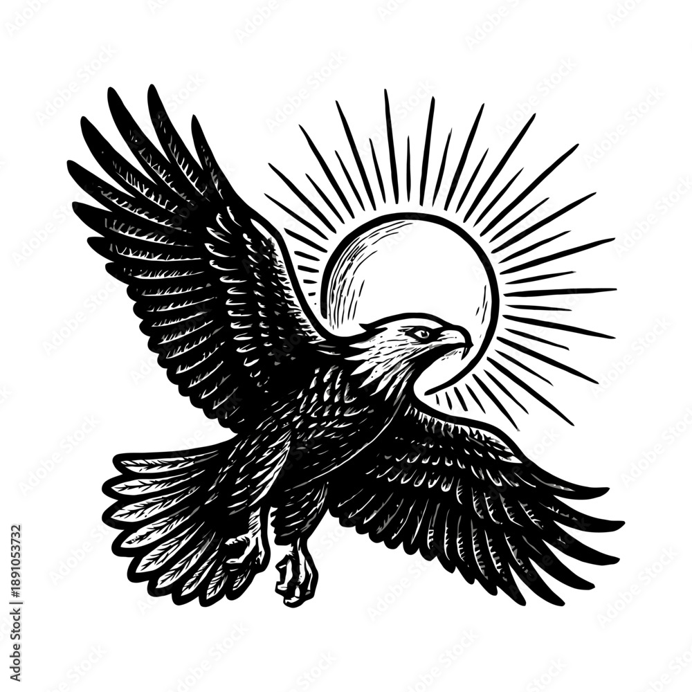 Obraz premium Majestic eagle soaring in front of radiant sunburst design in black and white.