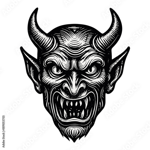 Vintage demon face with horns and fierce expression in dark ink style.