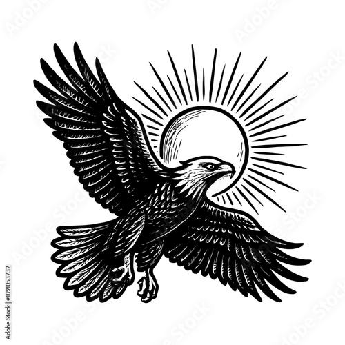Majestic eagle soaring in front of radiant sunburst design in black and white.