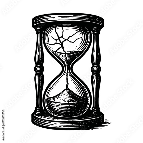 Intricately cracked hourglass with flowing sand and wooden frame.
