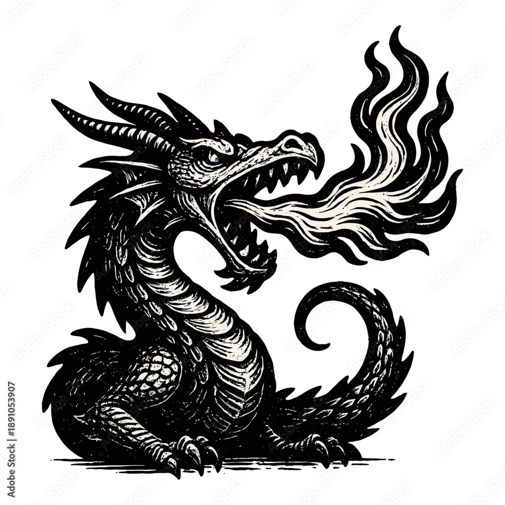 Fototapeta premium Fire-breathing dragon illustration with intricate details in black and white.