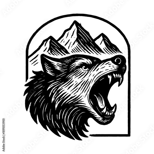 Fierce howling wolf with mountain background design.