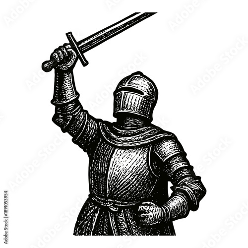 Medieval knight in armor raising sword – black and white illustration.