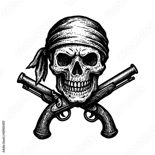Pirate skull with bandana and crossed pistols illustration on white background.