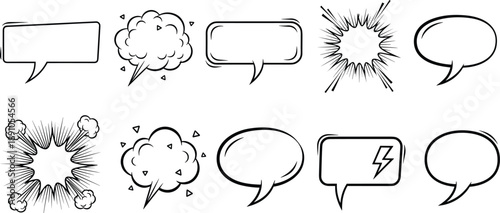Black and White Comic Speech Bubble Vector Set Featuring Empty Thought Clouds Scream Effects and Conversation Balloon Outlines for Graphic Design