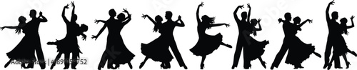 Black Silhouette Vector Set of Romantic Couples Dancing Ballroom Latin Salsa and Tango Poses for Wedding Invitation Event Poster and Illustration