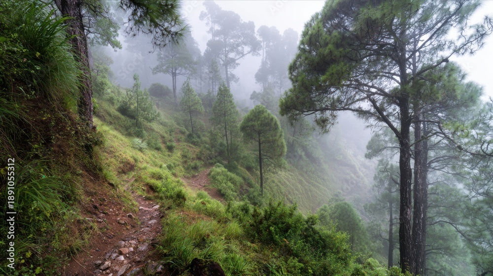 Fototapeta premium A winding trail leads through a dense misty forest in the mountains. Tall trees lush grass and fog create a serene and tranquil atmosphere early in the morning.