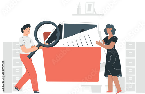 Two colleagues collaborating on a large document with a magnifying glass examining details in a modern office setting