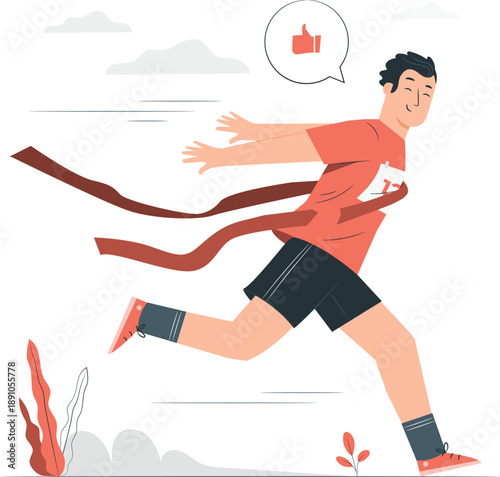 A young athlete crosses the finish line with a triumphant gesture and joyful expression