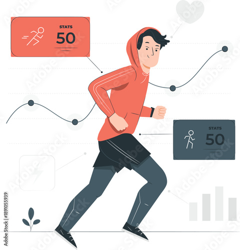 Man Running with Fitness Tracker and Health Metrics Displayed Around Him