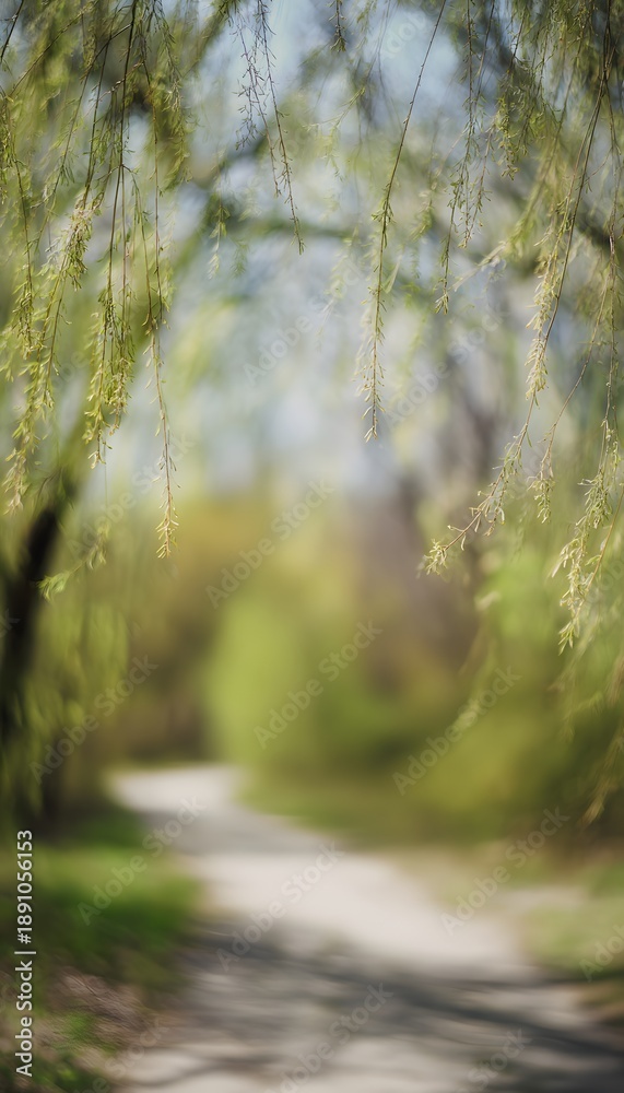 Fototapeta premium Spring forest road bathed in soft light framed by blooming willow branches evokes a serene landscape view