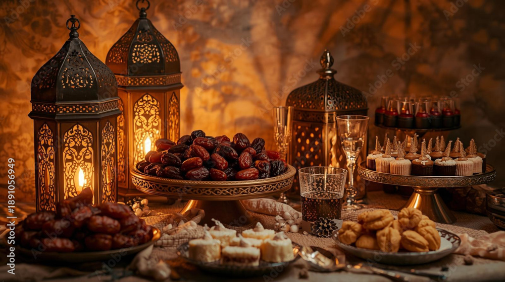 Fototapeta premium A serene and inviting Ramadan Iftar table beautifully arranged with traditional elements. Elegant golden lanterns (Fanous) glow warmly in the background, illuminating plates of fresh dates, nuts, 