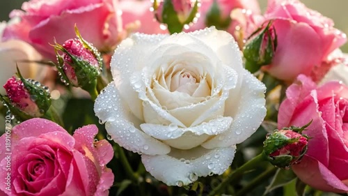 Beautiful bouquet of pink and white roses with morning dew drops during a slow cinematic zoom in a garden at sunrise