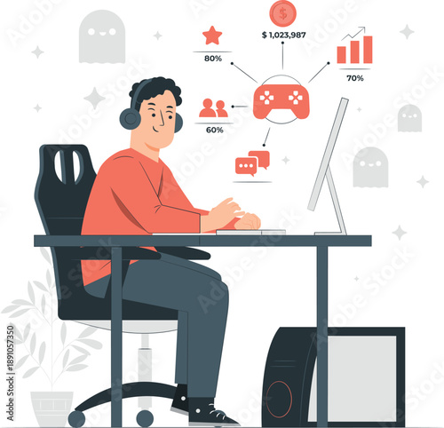 A person working on a laptop with gaming elements and productivity statistics displayed around them in a modern office setting from a slightly elevated viewpoint