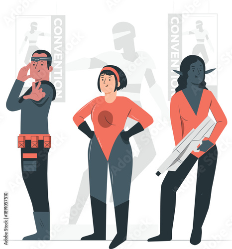 Three cartoon superheroes standing in front of a convention backdrop with bold graphics and logos