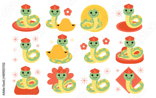 Colorful cartoon snakes with red hats in various poses