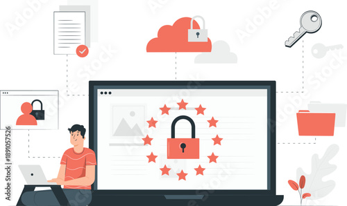 A man securing his laptop with a shield and lock surrounded by security icons in a digital environment from a front viewpoint