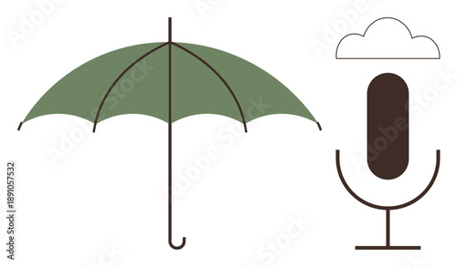 Communication, creative expression, weather concept, broadcast culture, media , digital storytelling. Green umbrella beside a microphone and cloud. Communication and creative expression
