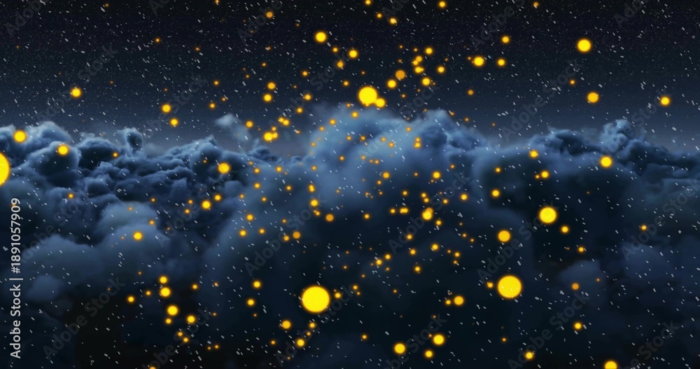 Obraz premium Drifting cloud bank over cloud tops at night, with glowing orbs, distant stars, streaking particles