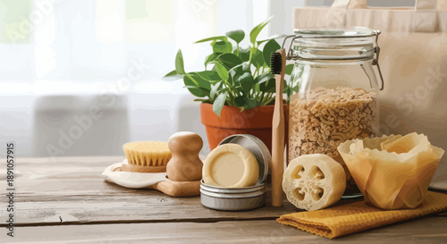 Assortment of natural zero waste and sustainable daily use products arranged thoughtfully on a rustic wooden surface promoting eco conscious living