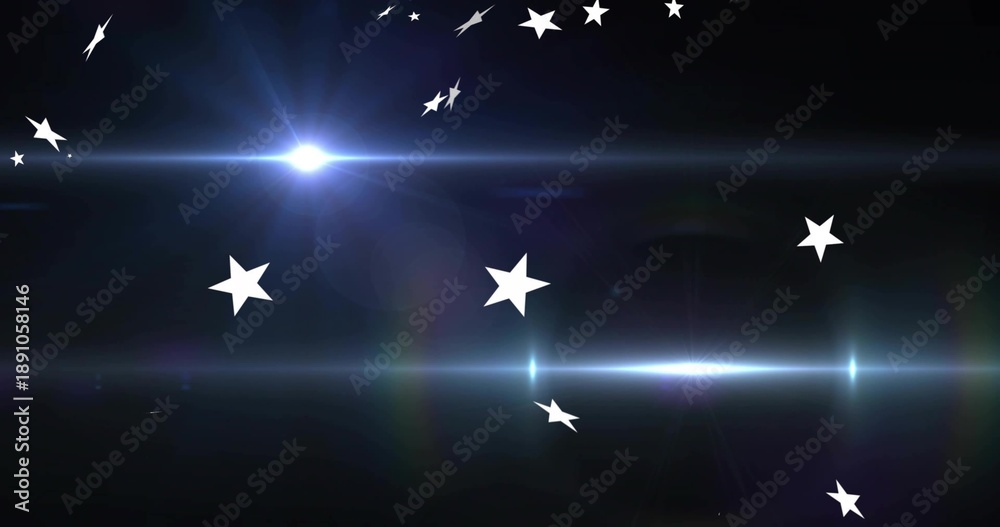 Obraz premium Glowing white five-point stars radiating across black backdrop with bluish flare and streaks