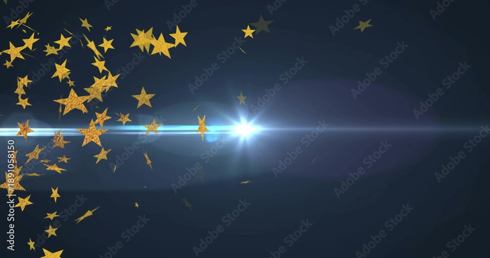 Fototapeta premium Glittering textured golden stars drifting left on navy gradient toward blue lens flare, copy space