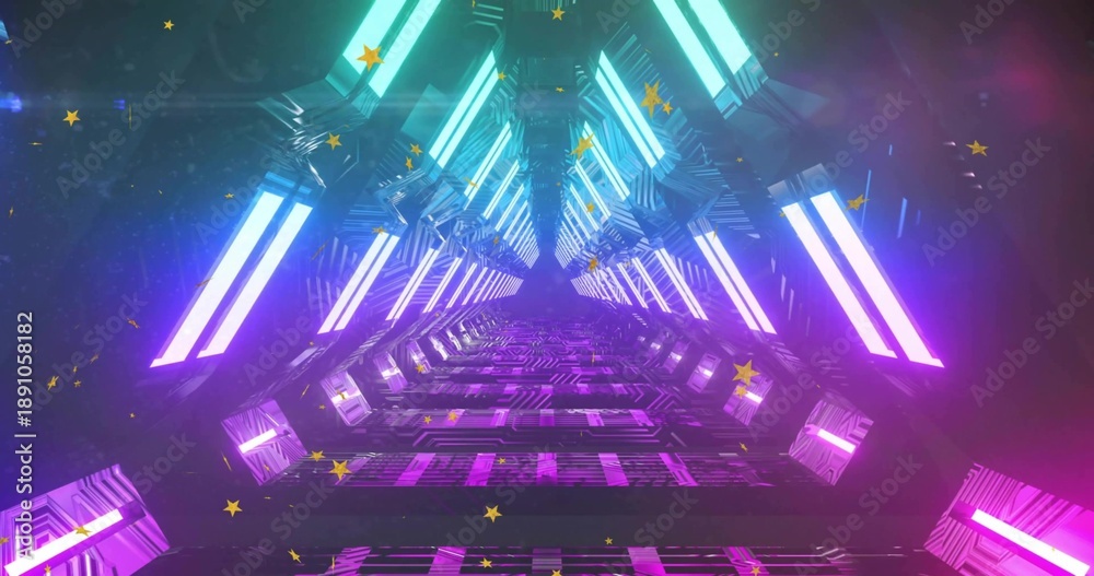 Fototapeta premium Glowing neon geometric corridor drawing eye toward vanishing point, with cyan magenta light bars