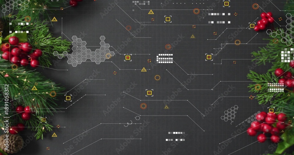 Obraz premium Blending dark panel with circuit lines, hex grid in studio, with pine sprigs, red berries, pinecone