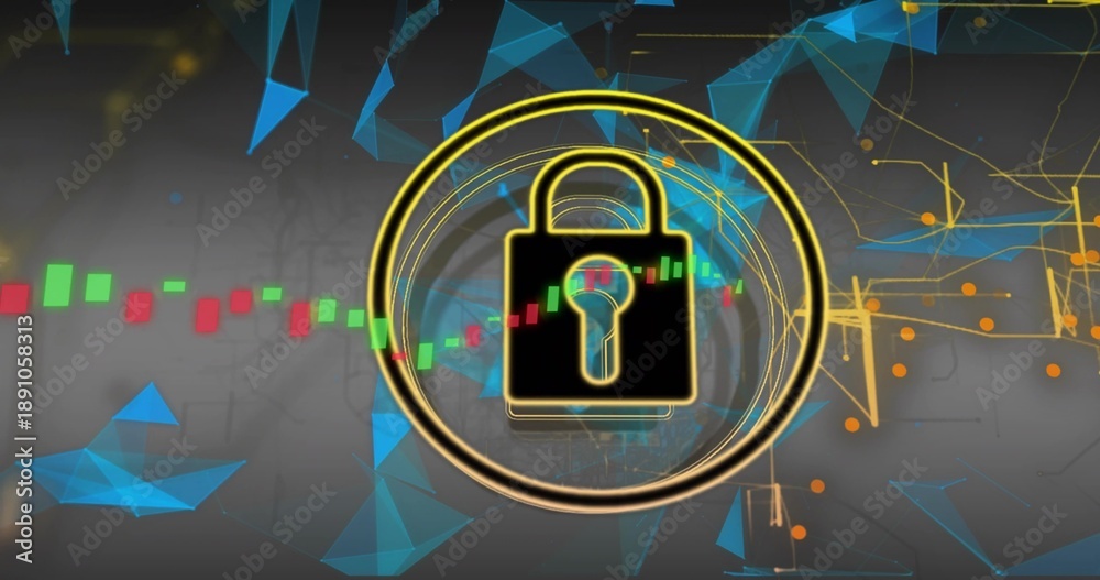 Fototapeta premium Featuring black padlock glowing in neon rings in studio art, overlaying price bars and blue meshes