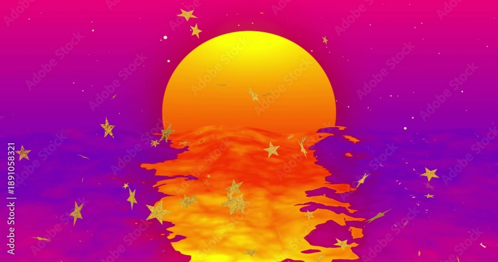 Fototapeta premium Dominating large sun casting gold ripples across sunset sea with gold stars, white dots on horizon
