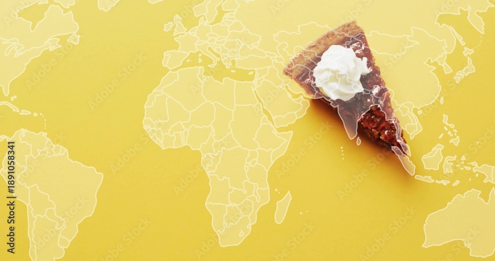 Fototapeta premium Showing slice with cream-dollop resting on clear plate on white map on yellow board, copy space