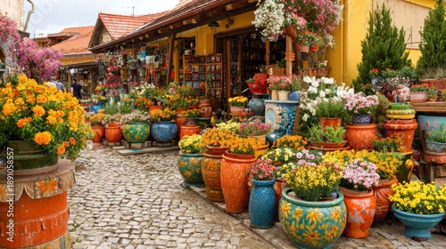 A bustling market street features an array of colorful flower pots lining the pathway. Visitors browse unique shops adorned with blooming plants creating a lively atmosphere.