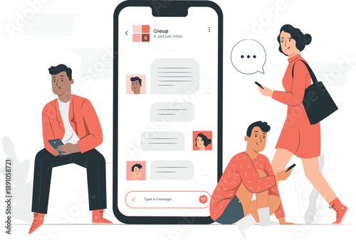 People interacting with a large smartphone displaying a messaging interface, surrounded by modern communication illustrations.