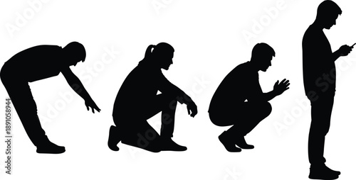 black silhouette figures progressing from crouch to upright using smartphone illustrating posture change, technology influence, ergonomics, and modern lifestyle