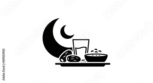 Black silhouette of a crescent moon with food and drink on a tray symbolizing iftar during ramadan with a bowl glass and dates on a simple background