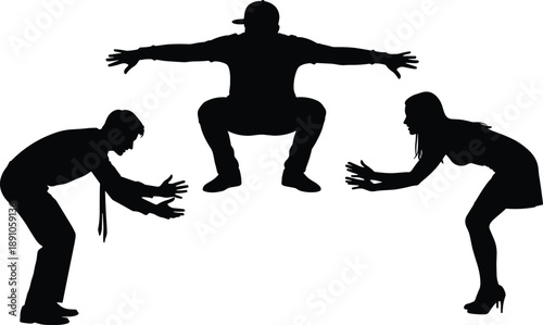 dynamic black silhouettes performing acrobatic leap and supportive catch, expressive movement and teamwork composition for performance, dance, and athletic concept