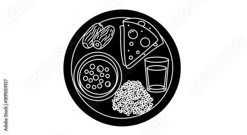 Variety of food on a plate including pizza sandwich cereal popcorn and a glass of water black background with white outlines