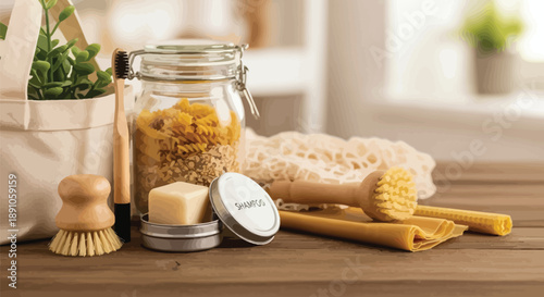 Assortment of natural zero waste and plastic free daily essentials including bamboo toothbrush solid shampoo and dry pantry goods for sustainable living