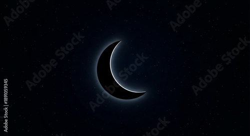 Crescent moon in dark night sky with glowing edge and stars