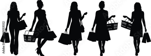 walking shoppers silhouettes carrying bags and baskets in varied poses on white background, retail shopping, consumer lifestyle vector set