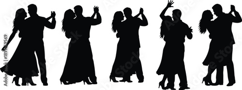 Elegant black silhouettes of five dancing couples in formal attire performing ballroom and partner dance poses on white background, vector set