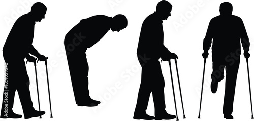 black silhouette figures using crutches showing stages of mobility and posture, rehabilitation, injury recovery, accessibility and assistive device movement