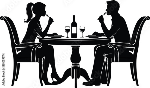 Black Silhouette of a Romantic Couple Having Dinner at a Restaurant Table with Wine Glasses for Date Night Valentine's Day and Anniversary Design Elements