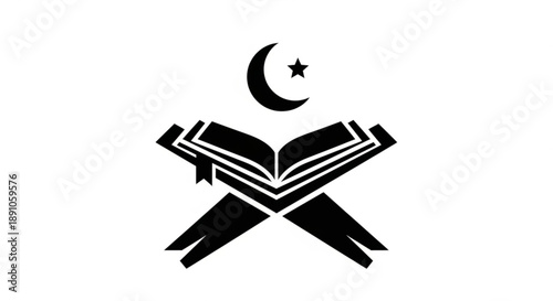 Islamic symbol with crescent moon star and open book on crossed hands representing faith and spirituality