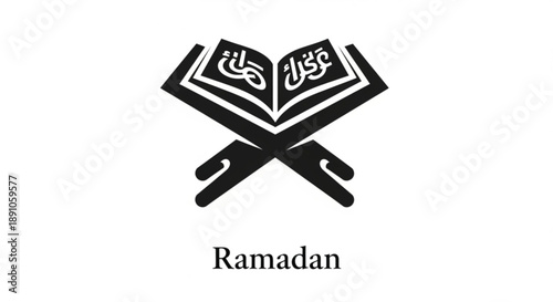 Black and white ramadan icon with arabic script quran on crossed swords symbolizing faith and spirituality during holy month