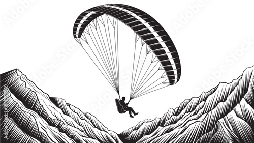 Paraglider in flight over mountainous landscape with dynamic black and white illustration for adventure and travel