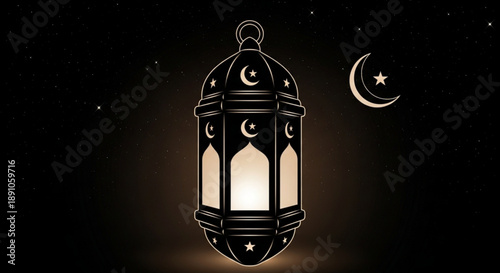 Glowing lantern with crescent moons and stars on a dark night background with warm light